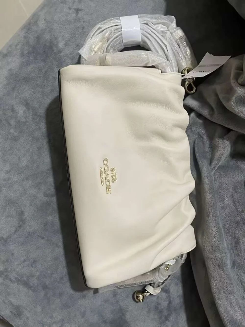 Coach Cream Leather Ruched Crossbody with Gold Hardware